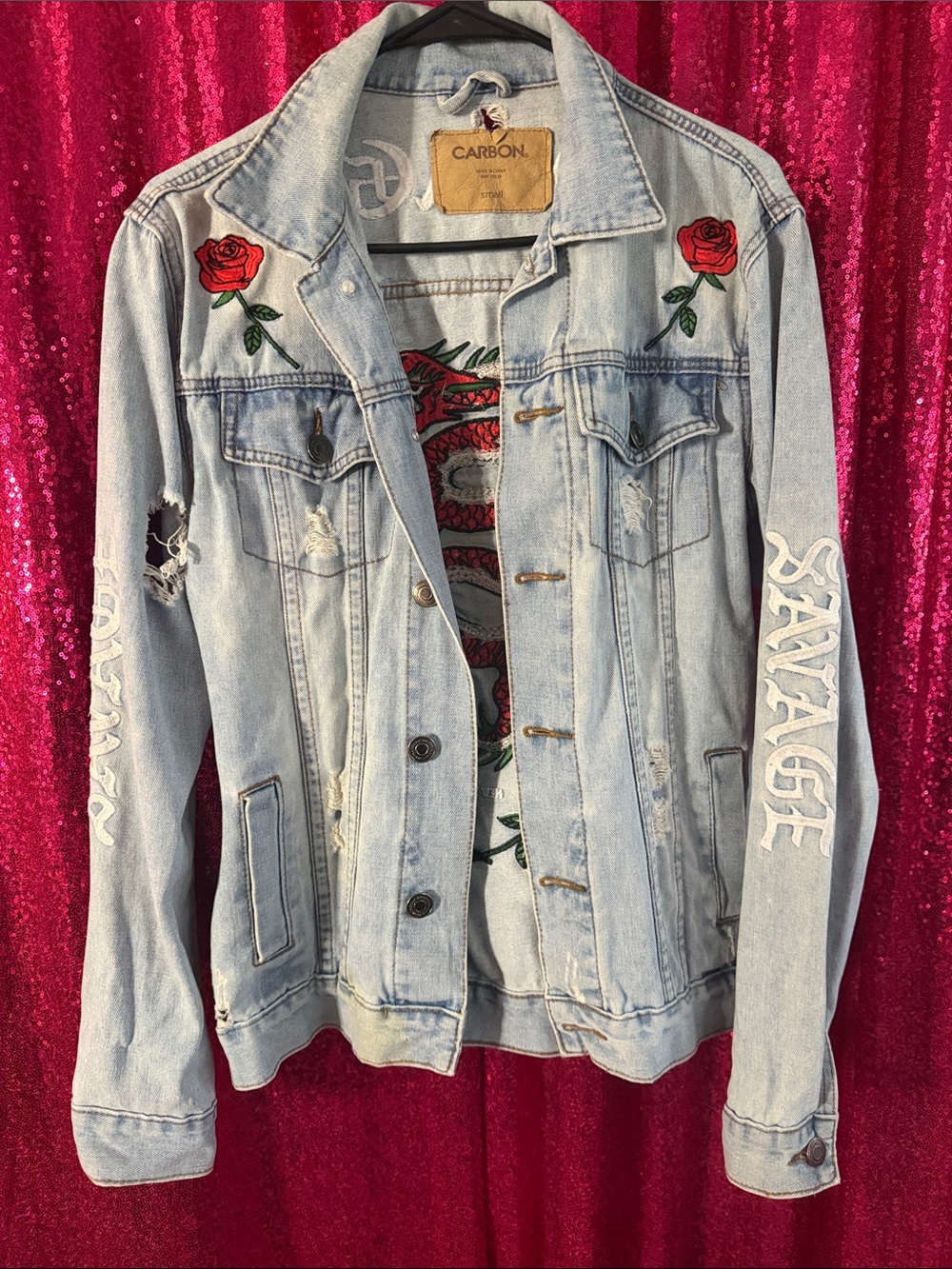 Carbon Light Wash Denim Jacket with Red Rose Embroidery